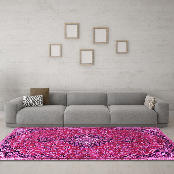 Machine Washable Medallion Pink Traditional Rug in a Living Room, wshtr4437pnk