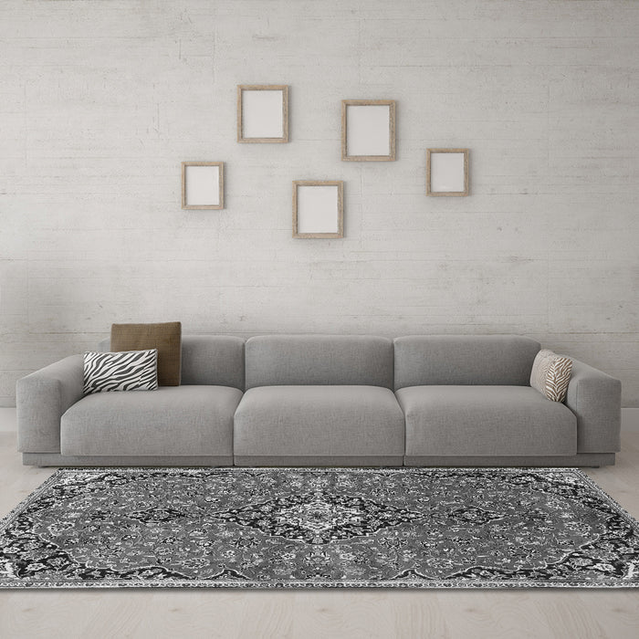 Machine Washable Medallion Gray Traditional Rug in a Living Room,, wshtr4437gry