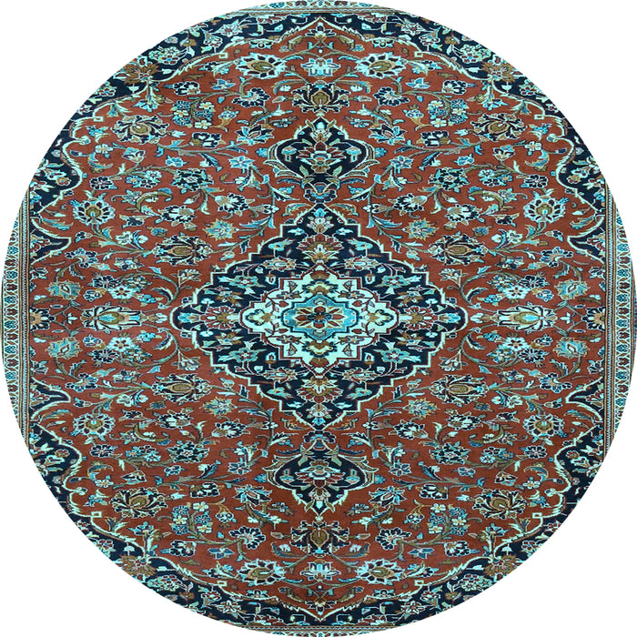 Round Machine Washable Medallion Light Blue Traditional Rug, wshtr4437lblu