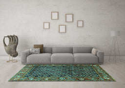 Machine Washable Persian Turquoise Traditional Area Rugs in a Living Room,, wshtr4438turq