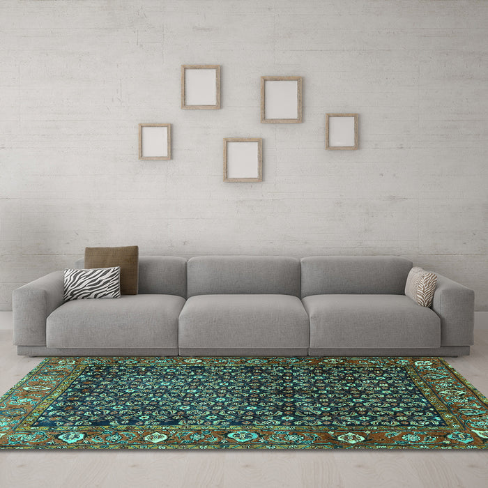 Machine Washable Persian Turquoise Traditional Area Rugs in a Living Room,, wshtr4438turq