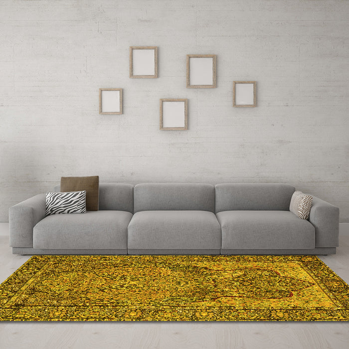 Machine Washable Persian Yellow Traditional Rug in a Living Room, wshtr4439yw
