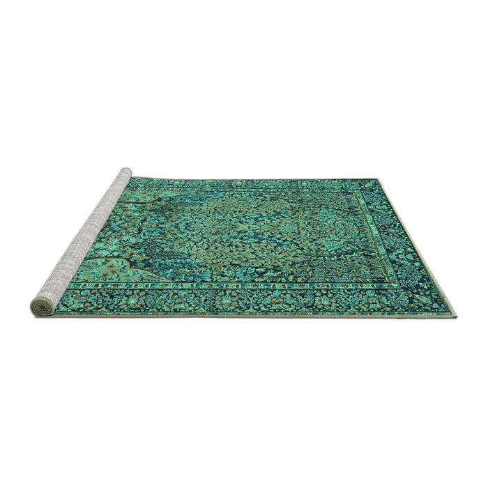 Sideview of Machine Washable Persian Turquoise Traditional Area Rugs, wshtr4439turq