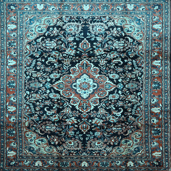 Square Machine Washable Medallion Light Blue Traditional Rug, wshtr443lblu