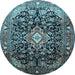 Round Machine Washable Medallion Light Blue Traditional Rug, wshtr443lblu