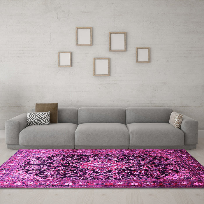 Machine Washable Medallion Pink Traditional Rug in a Living Room, wshtr443pnk