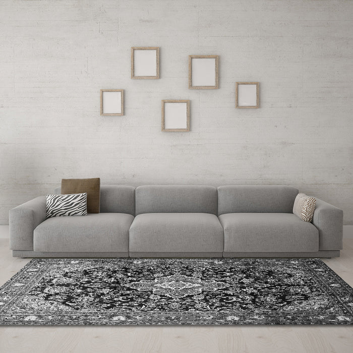 Machine Washable Medallion Gray Traditional Rug in a Living Room,, wshtr443gry