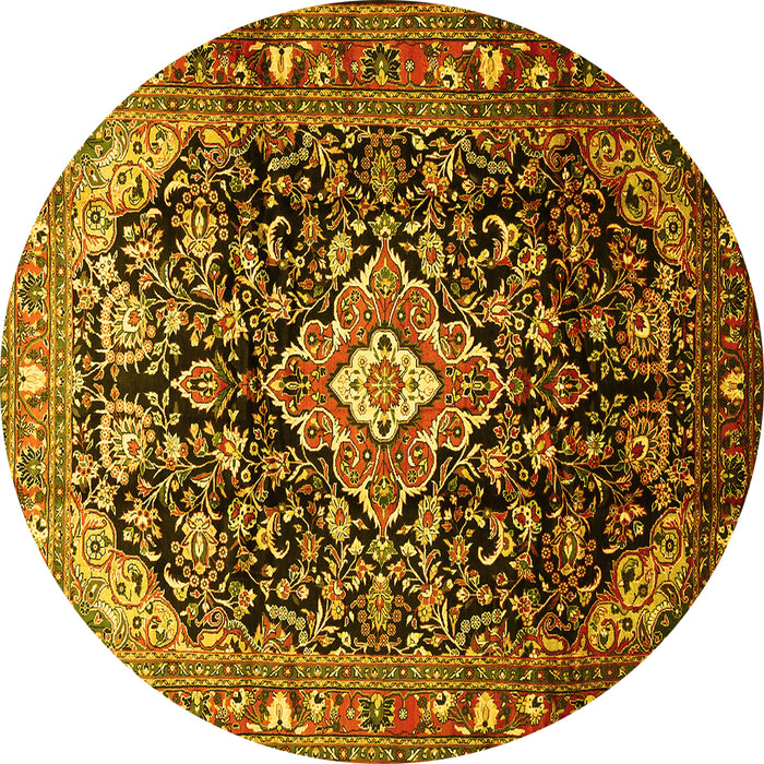 Round Machine Washable Medallion Yellow Traditional Rug, wshtr443yw