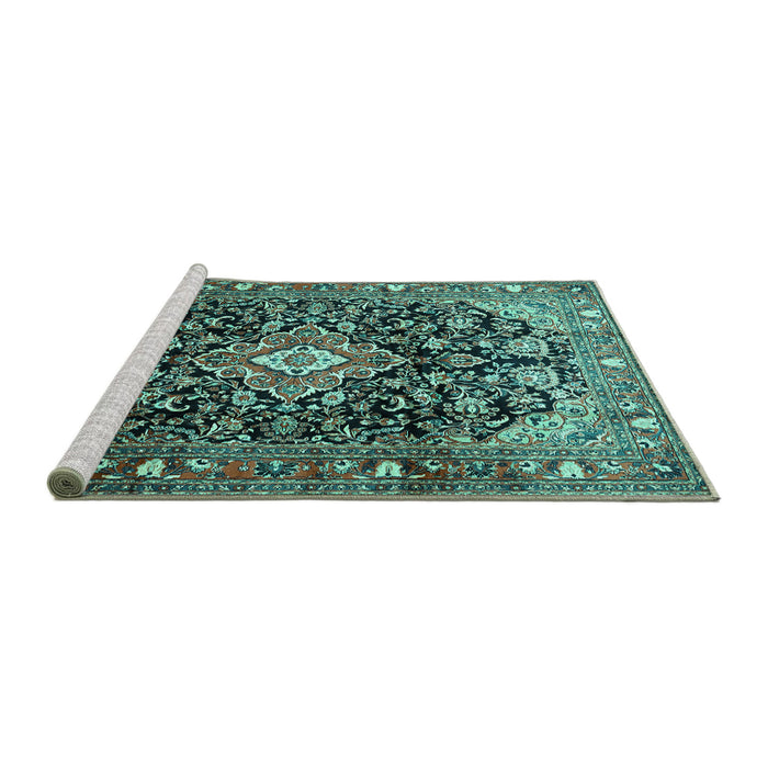 Sideview of Machine Washable Medallion Turquoise Traditional Area Rugs, wshtr443turq
