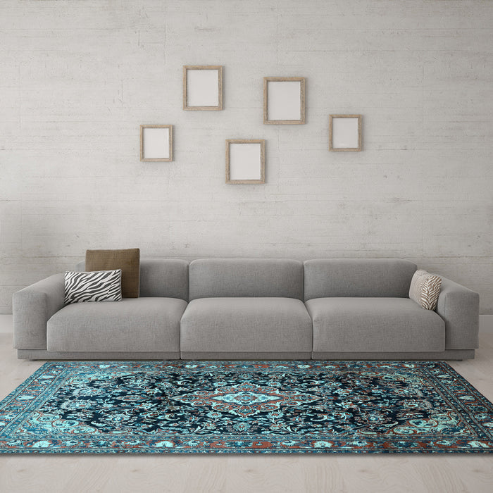 Machine Washable Medallion Light Blue Traditional Rug in a Living Room, wshtr443lblu