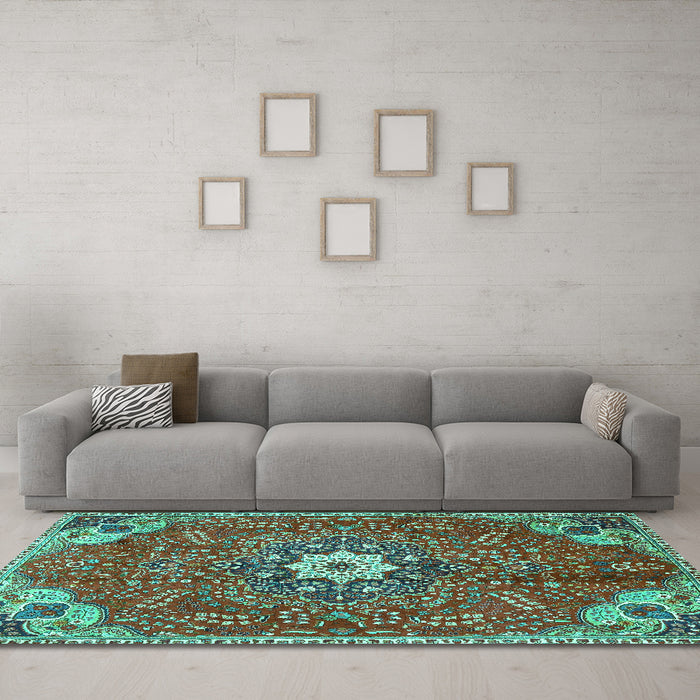 Machine Washable Persian Turquoise Traditional Area Rugs in a Living Room,, wshtr4441turq