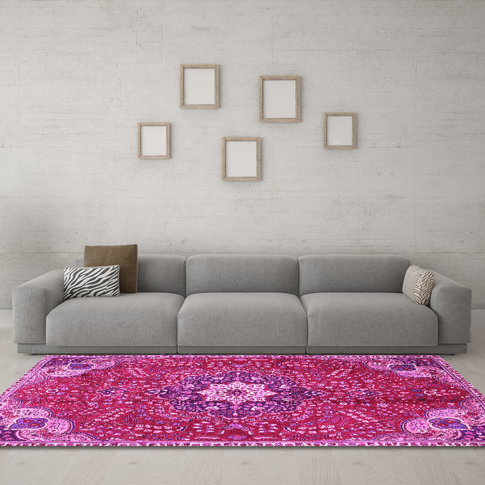 Machine Washable Persian Pink Traditional Rug in a Living Room, wshtr4441pnk