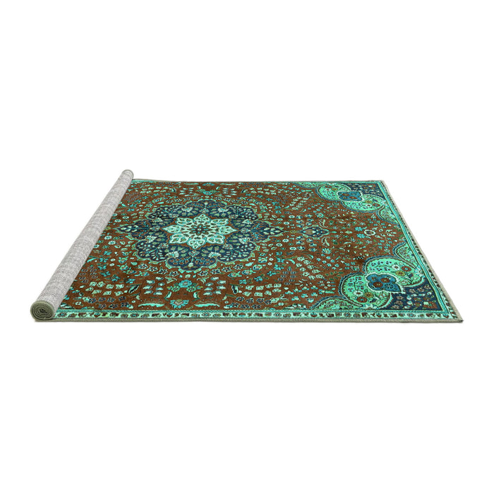 Sideview of Machine Washable Persian Turquoise Traditional Area Rugs, wshtr4441turq