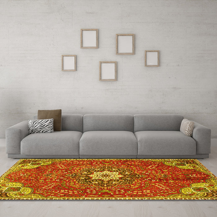 Machine Washable Persian Yellow Traditional Rug in a Living Room, wshtr4441yw