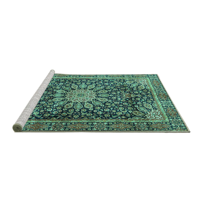 Sideview of Machine Washable Persian Turquoise Traditional Area Rugs, wshtr4442turq