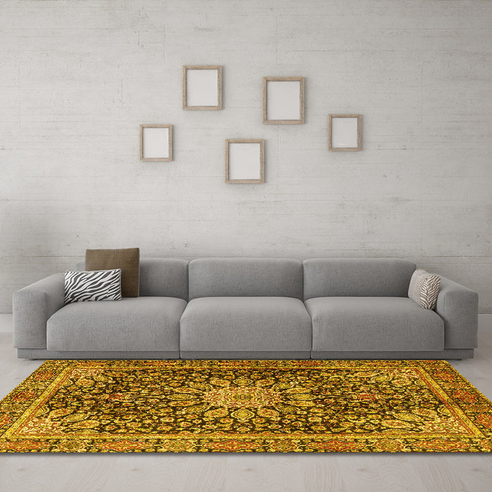 Machine Washable Persian Yellow Traditional Rug in a Living Room, wshtr4442yw
