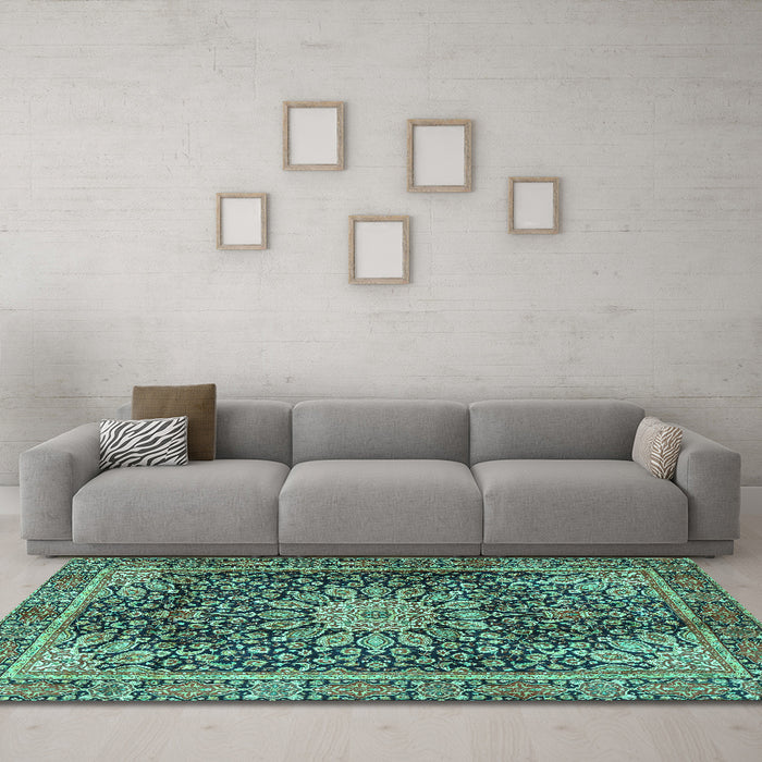 Machine Washable Persian Turquoise Traditional Area Rugs in a Living Room,, wshtr4442turq