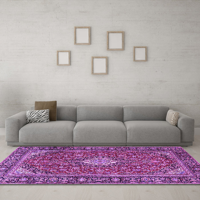Machine Washable Medallion Purple Traditional Area Rugs in a Living Room, wshtr4443pur