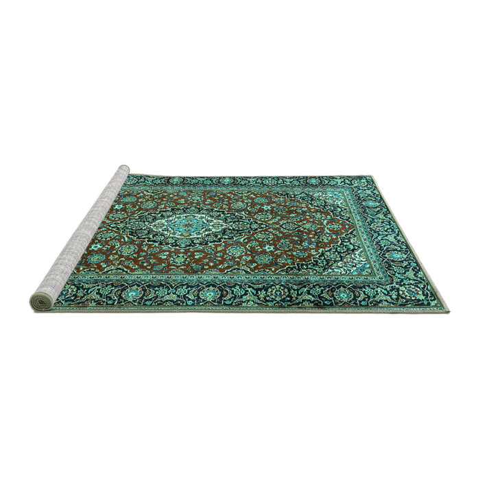 Sideview of Machine Washable Medallion Turquoise Traditional Area Rugs, wshtr4443turq