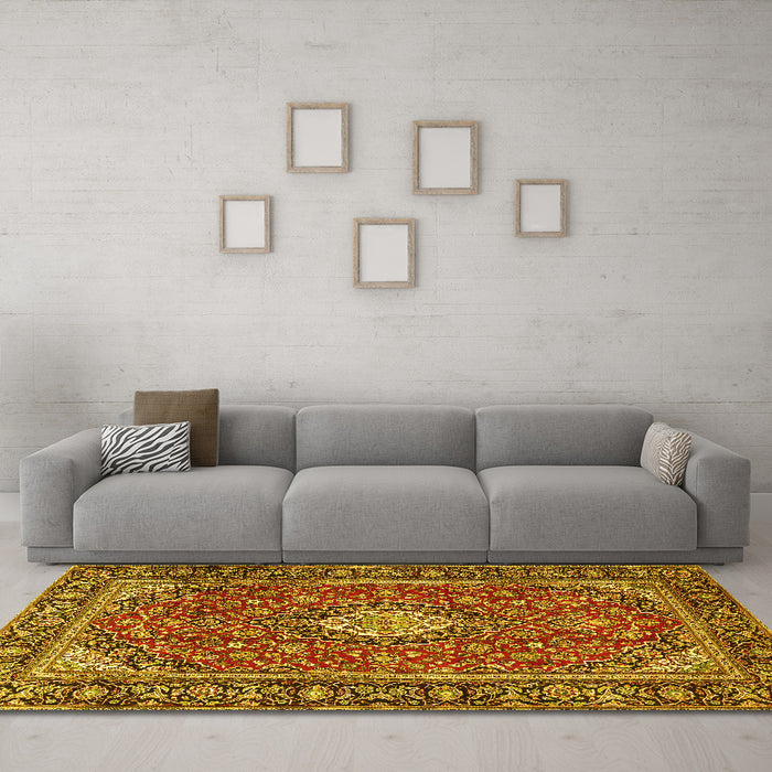 Machine Washable Medallion Yellow Traditional Rug in a Living Room, wshtr4443yw