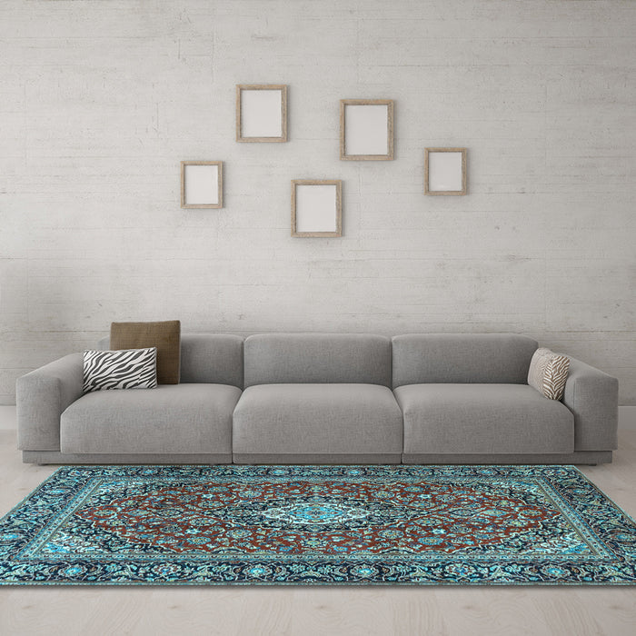 Machine Washable Medallion Light Blue Traditional Rug in a Living Room, wshtr4443lblu
