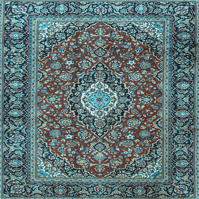 Square Machine Washable Medallion Light Blue Traditional Rug, wshtr4443lblu