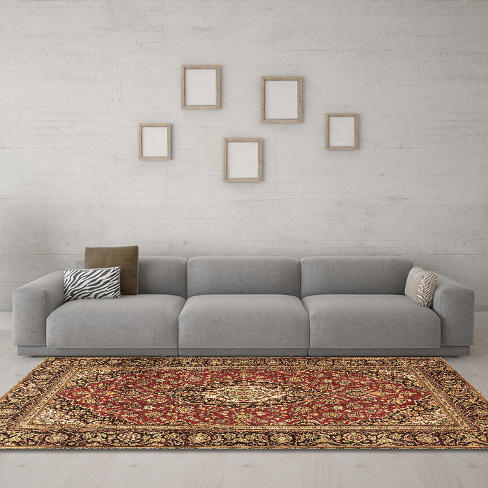 Machine Washable Medallion Brown Traditional Rug in a Living Room,, wshtr4443brn