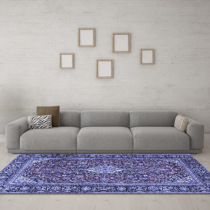 Machine Washable Medallion Blue Traditional Rug in a Living Room, wshtr4443blu