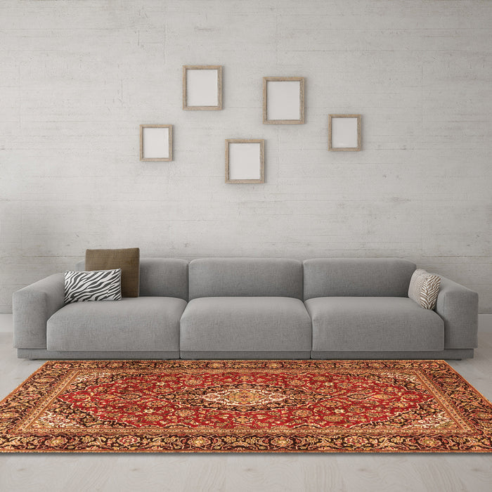 Machine Washable Medallion Orange Traditional Area Rugs in a Living Room, wshtr4443org