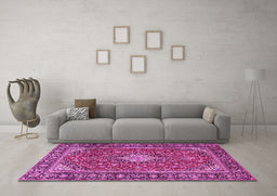 Machine Washable Medallion Pink Traditional Rug in a Living Room, wshtr4443pnk
