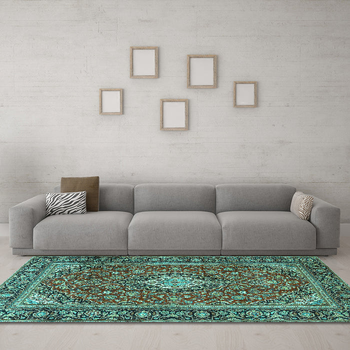 Machine Washable Medallion Turquoise Traditional Area Rugs in a Living Room,, wshtr4443turq