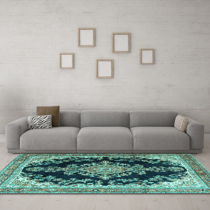 Machine Washable Medallion Turquoise Traditional Area Rugs in a Living Room,, wshtr4444turq