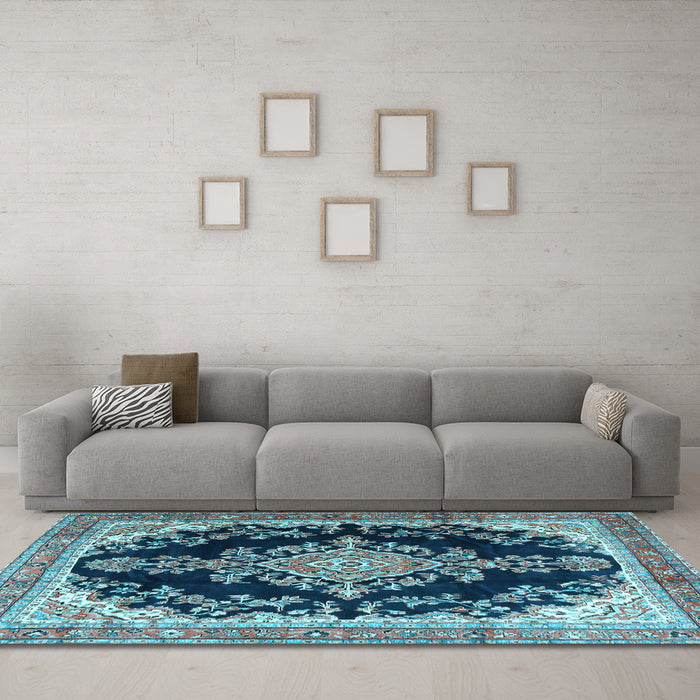 Machine Washable Medallion Light Blue Traditional Rug in a Living Room, wshtr4444lblu