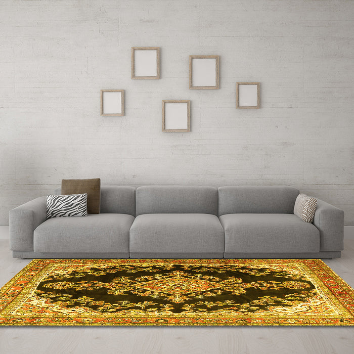 Machine Washable Medallion Yellow Traditional Rug in a Living Room, wshtr4444yw