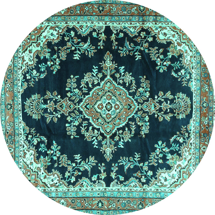 Round Machine Washable Medallion Turquoise Traditional Area Rugs, wshtr4444turq