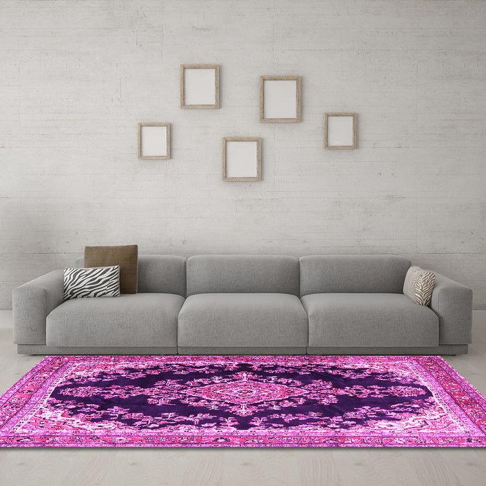Machine Washable Medallion Pink Traditional Rug in a Living Room, wshtr4444pnk