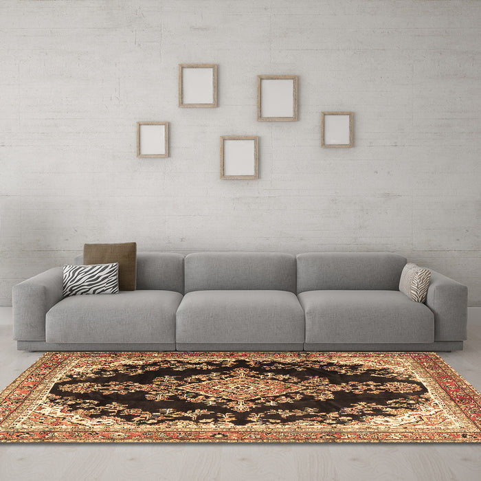 Machine Washable Medallion Brown Traditional Rug in a Living Room,, wshtr4444brn