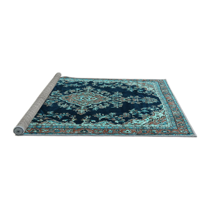 Sideview of Machine Washable Medallion Light Blue Traditional Rug, wshtr4444lblu