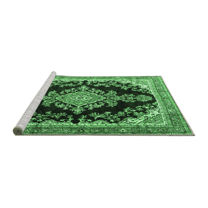 Sideview of Machine Washable Medallion Emerald Green Traditional Area Rugs, wshtr4444emgrn