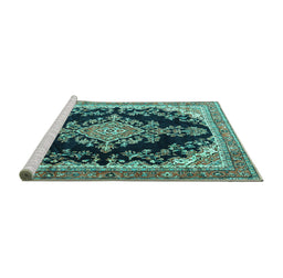 Sideview of Machine Washable Medallion Turquoise Traditional Area Rugs, wshtr4444turq