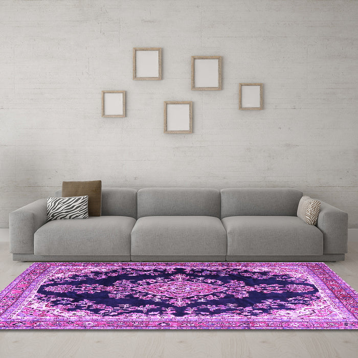 Machine Washable Medallion Purple Traditional Area Rugs in a Living Room, wshtr4444pur