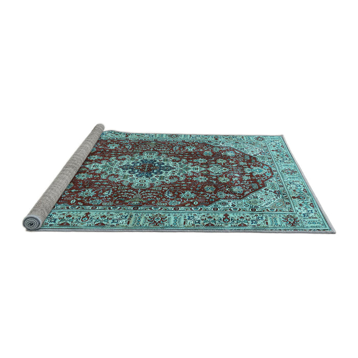 Sideview of Machine Washable Medallion Light Blue Traditional Rug, wshtr4445lblu