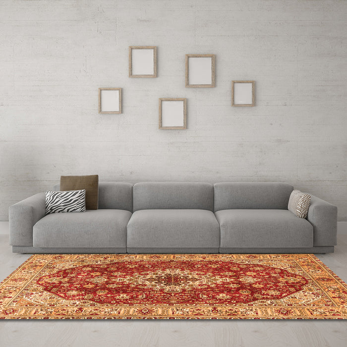 Machine Washable Medallion Orange Traditional Area Rugs in a Living Room, wshtr4445org