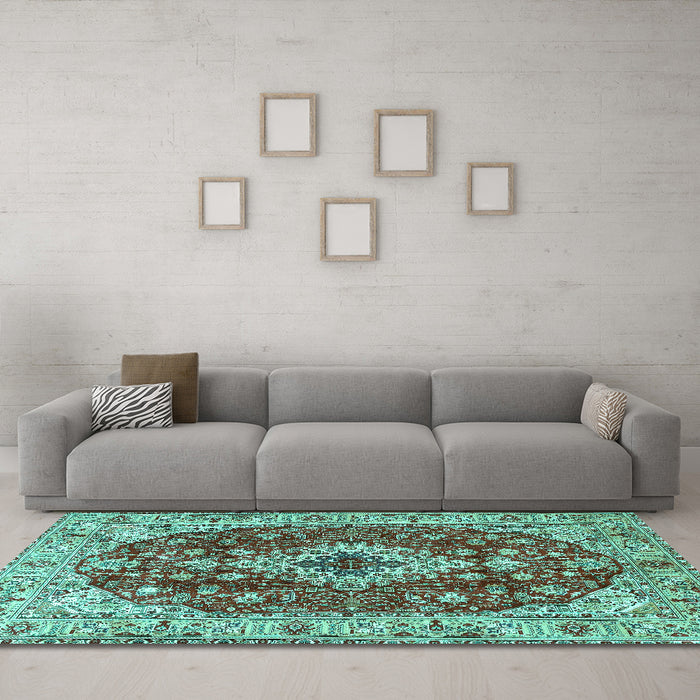 Machine Washable Medallion Turquoise Traditional Area Rugs in a Living Room,, wshtr4445turq
