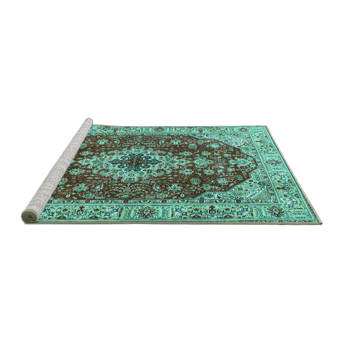 Sideview of Machine Washable Medallion Turquoise Traditional Area Rugs, wshtr4445turq