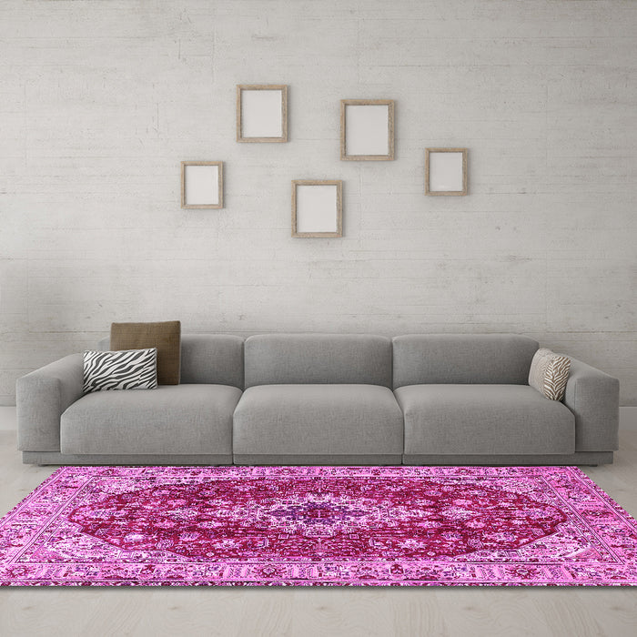 Machine Washable Medallion Pink Traditional Rug in a Living Room, wshtr4445pnk