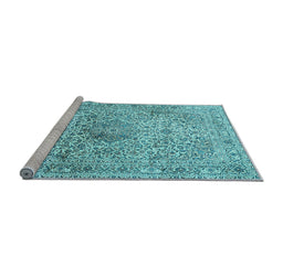 Sideview of Machine Washable Medallion Light Blue Traditional Rug, wshtr4446lblu
