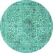 Round Machine Washable Medallion Turquoise Traditional Area Rugs, wshtr4446turq