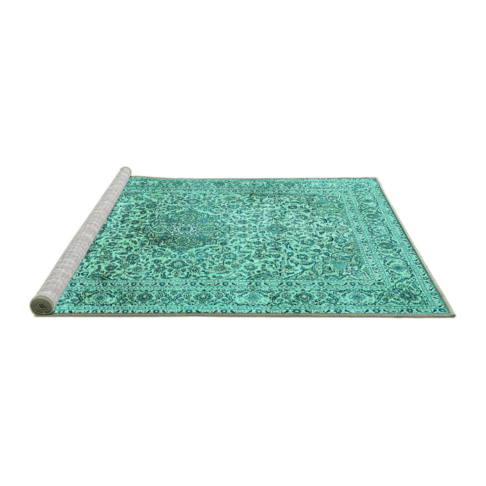 Sideview of Machine Washable Medallion Turquoise Traditional Area Rugs, wshtr4446turq