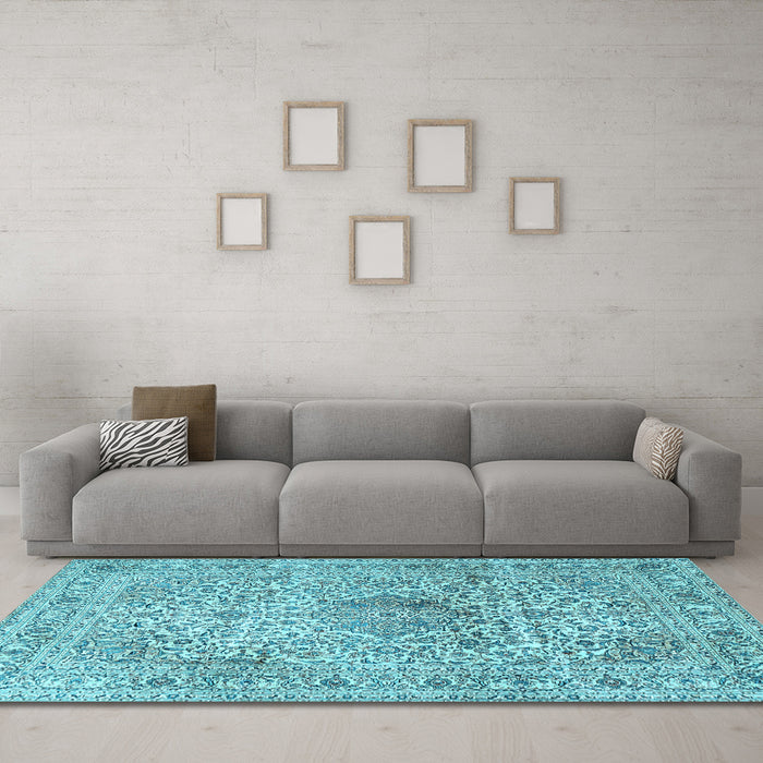 Machine Washable Medallion Light Blue Traditional Rug in a Living Room, wshtr4446lblu